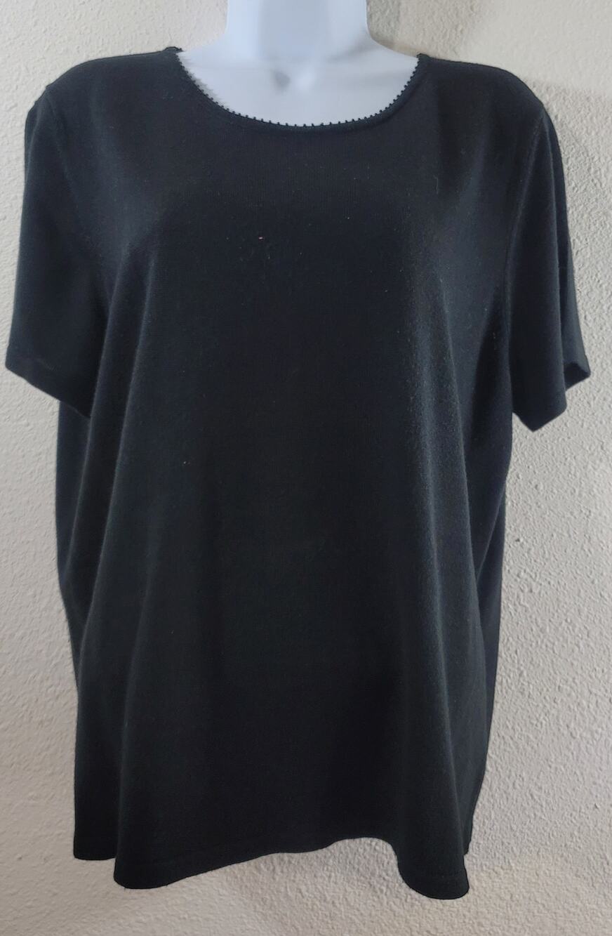 Judith Hart Black Small Beaded Round Neck Top XL Lightweight Soft Short Sleeves
